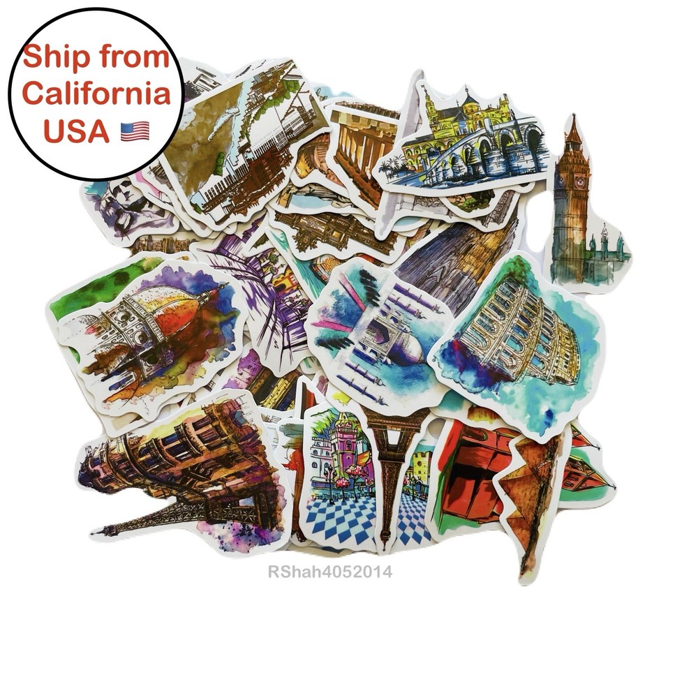 10 Stickers- World Travel Landmark Doodle Book Phone Suitcase journal scrapbook
