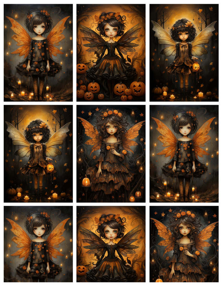 Set of 9 Halloween Fairies Girls w. Wings Crafting STICKERS – Just Cut & Use!