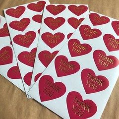 75 Heart Shaped Thank You Stickers On Glossy Hot Pink Paper With Gold Lettering