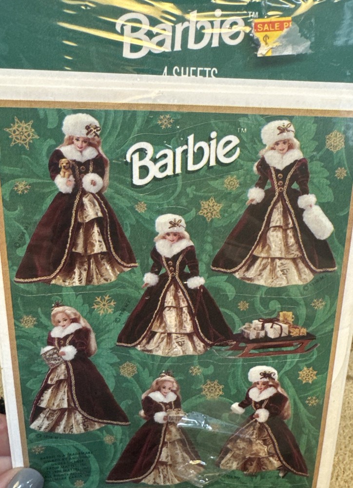 1 Pack Vintage Stickers – 1996- Hallmark Barbie Stickers – 4 Sheets- Holiday NEW