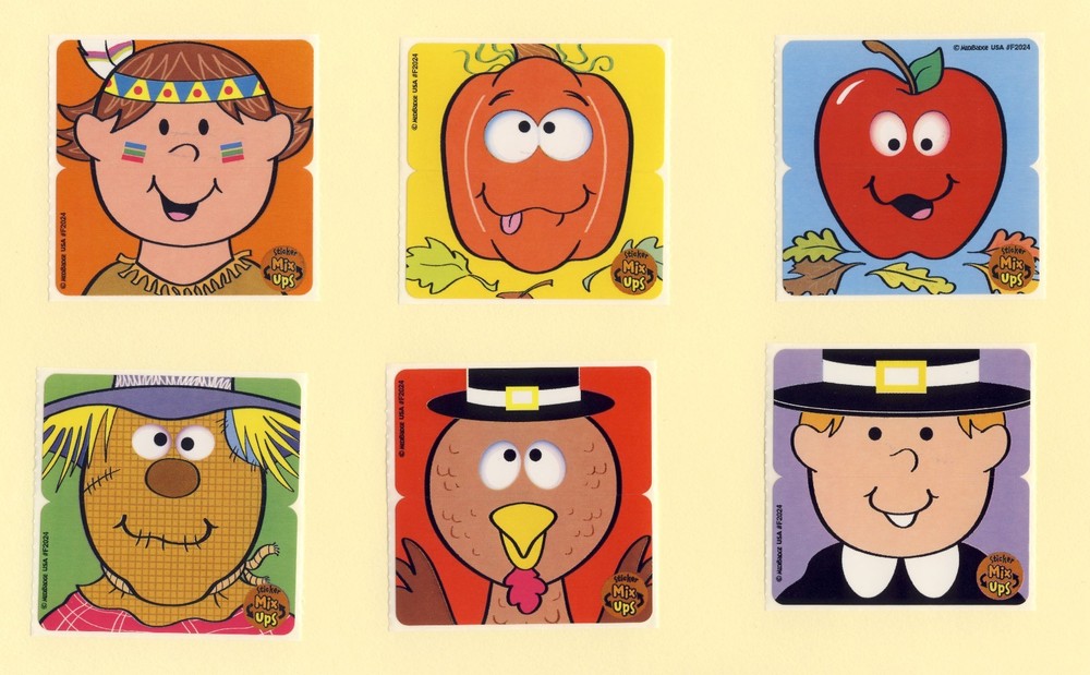 12 Fall Harvest Mix Ups Stickers – Party Favors – Turkey, Scarecrow, Apple