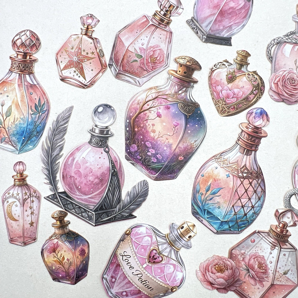 Potion Perfume Bottle Stickers Pink Junk Journal Collage Scrapbook