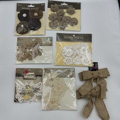 Lot Of 7 PAPER STUDIO SPARE PARTS FLOWERS Burlap Bows Crochet Craft Lot
