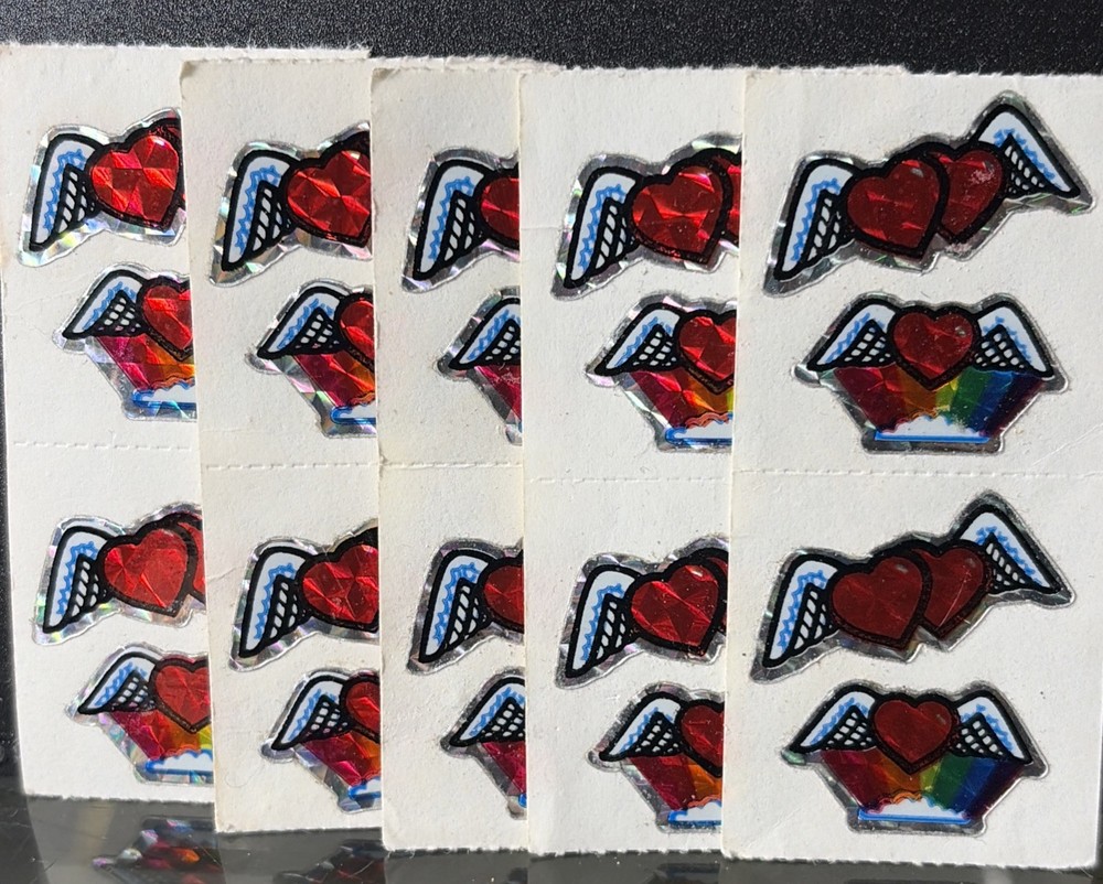 5 VINTAGE 80’S PRISM HEART STICKER STRIPS 10 STICKERS INCLUDED