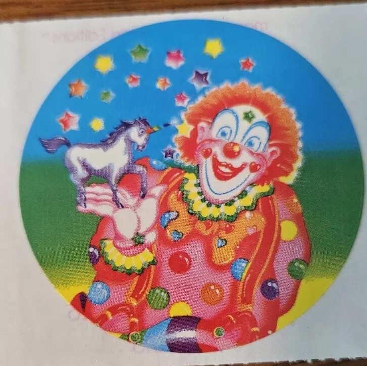 Vintage Lisa Frank Rainbow Clown Holding A Unicorn Sticker 1983