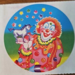 Vintage Lisa Frank Rainbow Clown Holding A Unicorn Sticker 1983