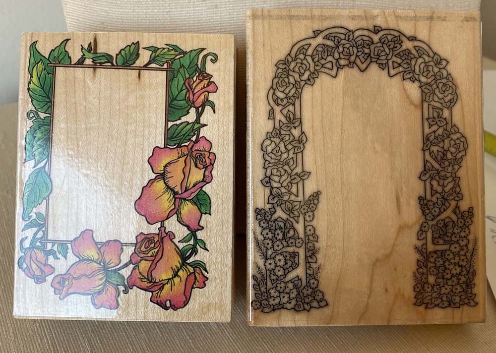 NEW WOOD MOUNT RUBBER STAMP SET OF 2 ROSE FRAME & FLOWER TRELLIS SCRAPBOOKING