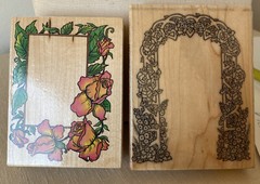 NEW WOOD MOUNT RUBBER STAMP SET OF 2 ROSE FRAME & FLOWER TRELLIS SCRAPBOOKING