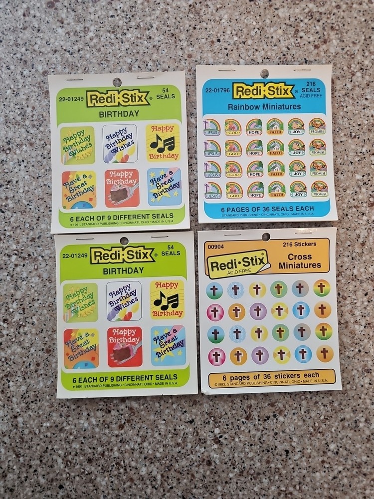 Vintage 1990 Redi-Stix Birthday, Cross, Rainbow Religious Stickers Seals USA Inc
