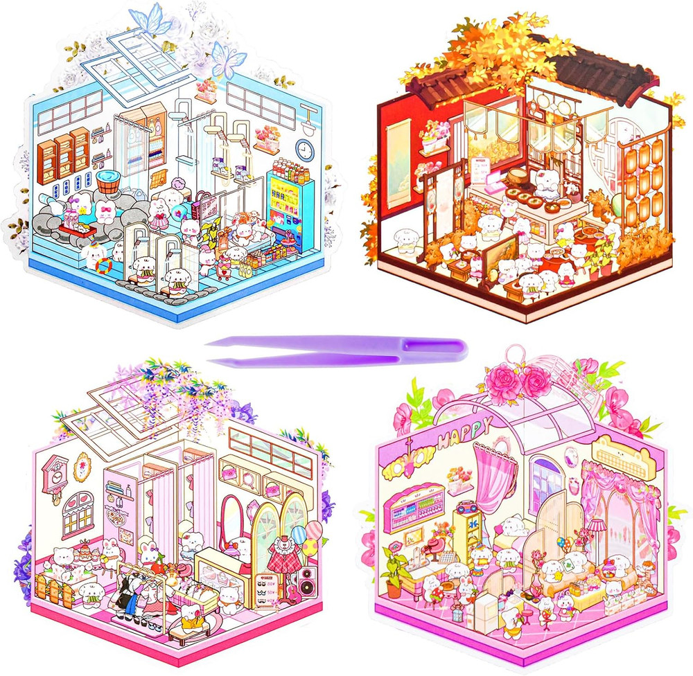 4 Sets Cute 3D Miniature Scene Stickers for Keychain Bags 3D Sticker Scene with