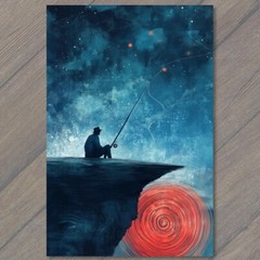 STICKER Silhouette of Man Fishing Cosmic Spiral Sky Vibrant Abstract Display
