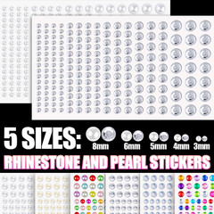9 Sheets Face Rhinestones and Pearl Stickers Set 1, Rainbow Mixed Shape Self Adh