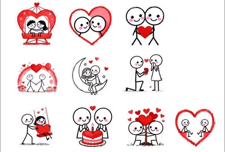 40 PCs 1-inch Valentines Day Cute Stick Figure Couple Romance Stickers
