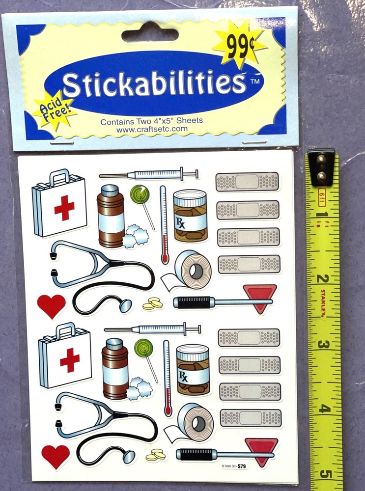 FIRST AID MEDICAL STICKERS – Stethoscope Bandage Syringe Thermometer Alcohol