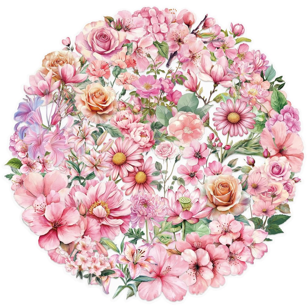50PCS Pink Flower Stickers Aesthetic PET Transparent Pinkflower