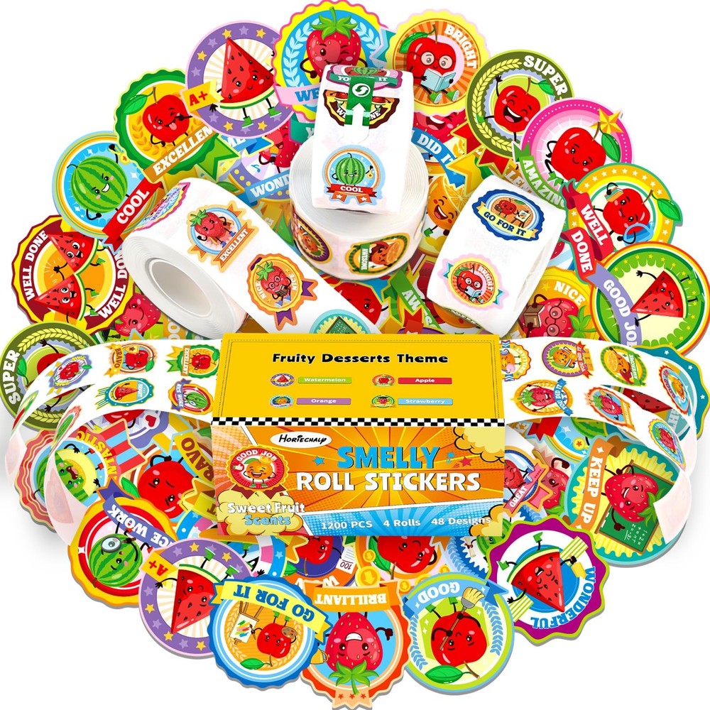 Reward Smelly Roll Stickers for 4 Rolls, 1200 PCS 4 Scent Scratch and Sniff S…