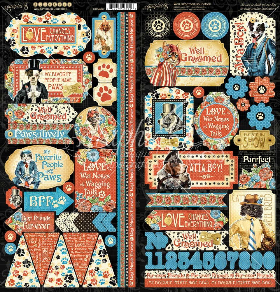 *RETIRED* Graphic45 WELL GROOMED (2) 6×12 Sticker Sheets scrapbooking DOGS CATS