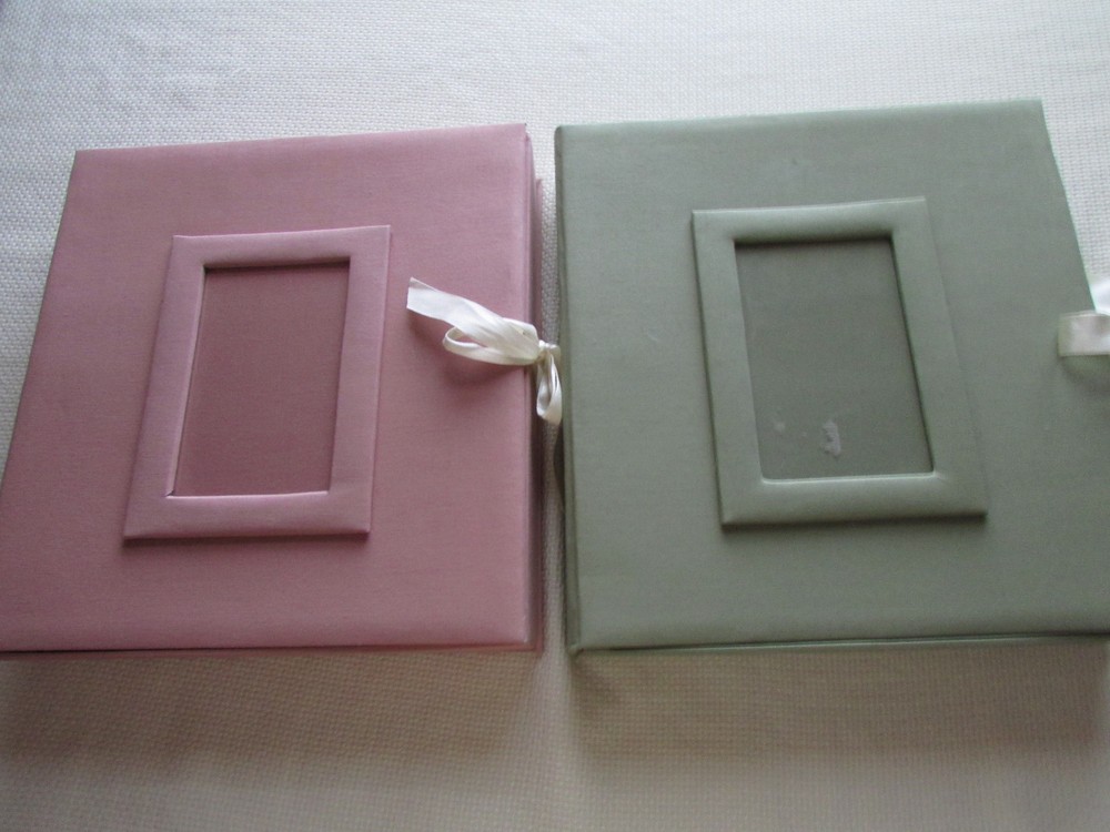 Lot of 2 Scrapbook Fabric Box Binders With 3 Rings & Tie Ribbons Green & Pink