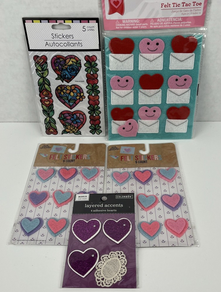 Stickers Felt 3D Hearts Tic Tac Toe Red Pink Purple Blue Green Lot of 5