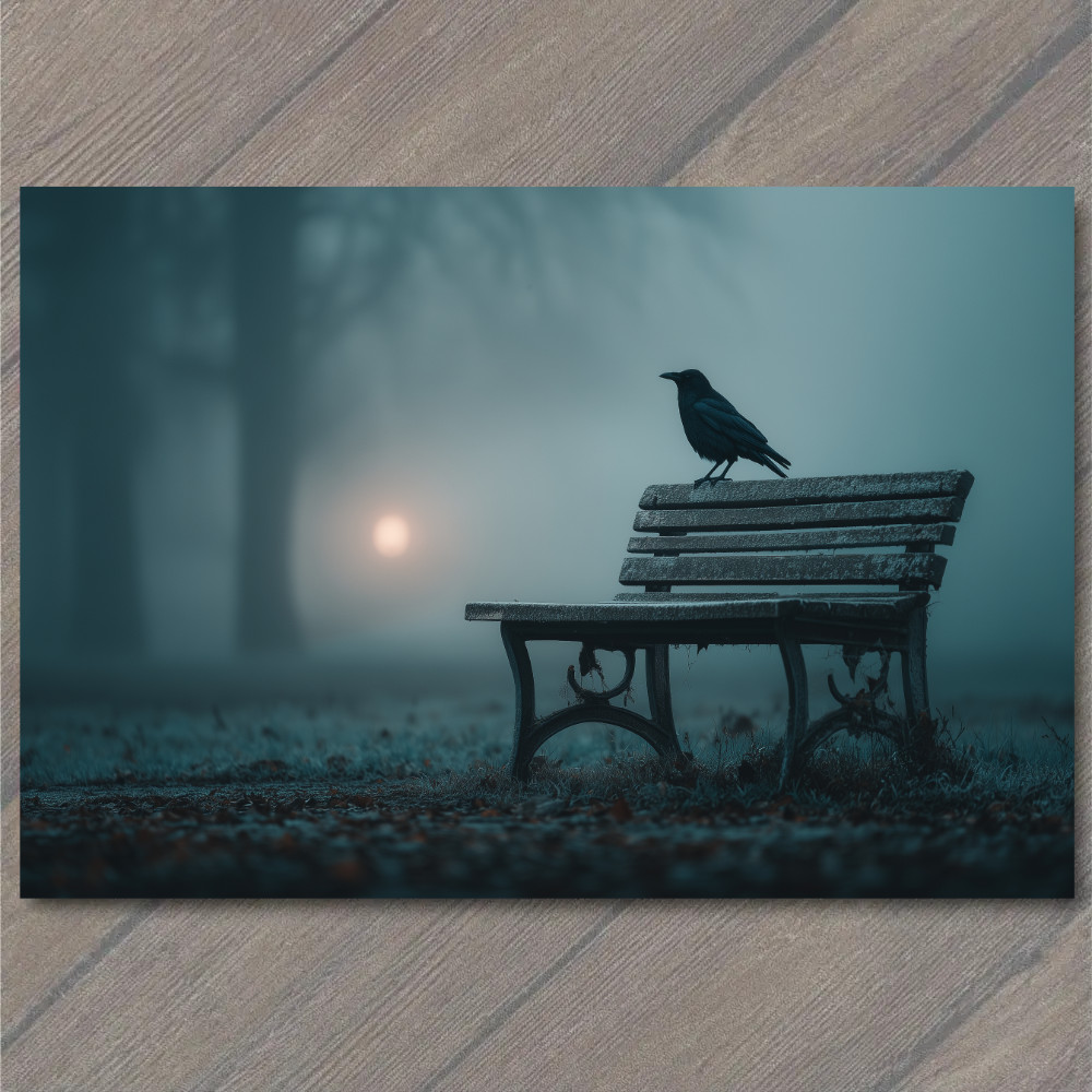 STICKER Crow Misty Bench Trees Foggy Sunset Spooky Lonely Atmosphere Quiet Par
