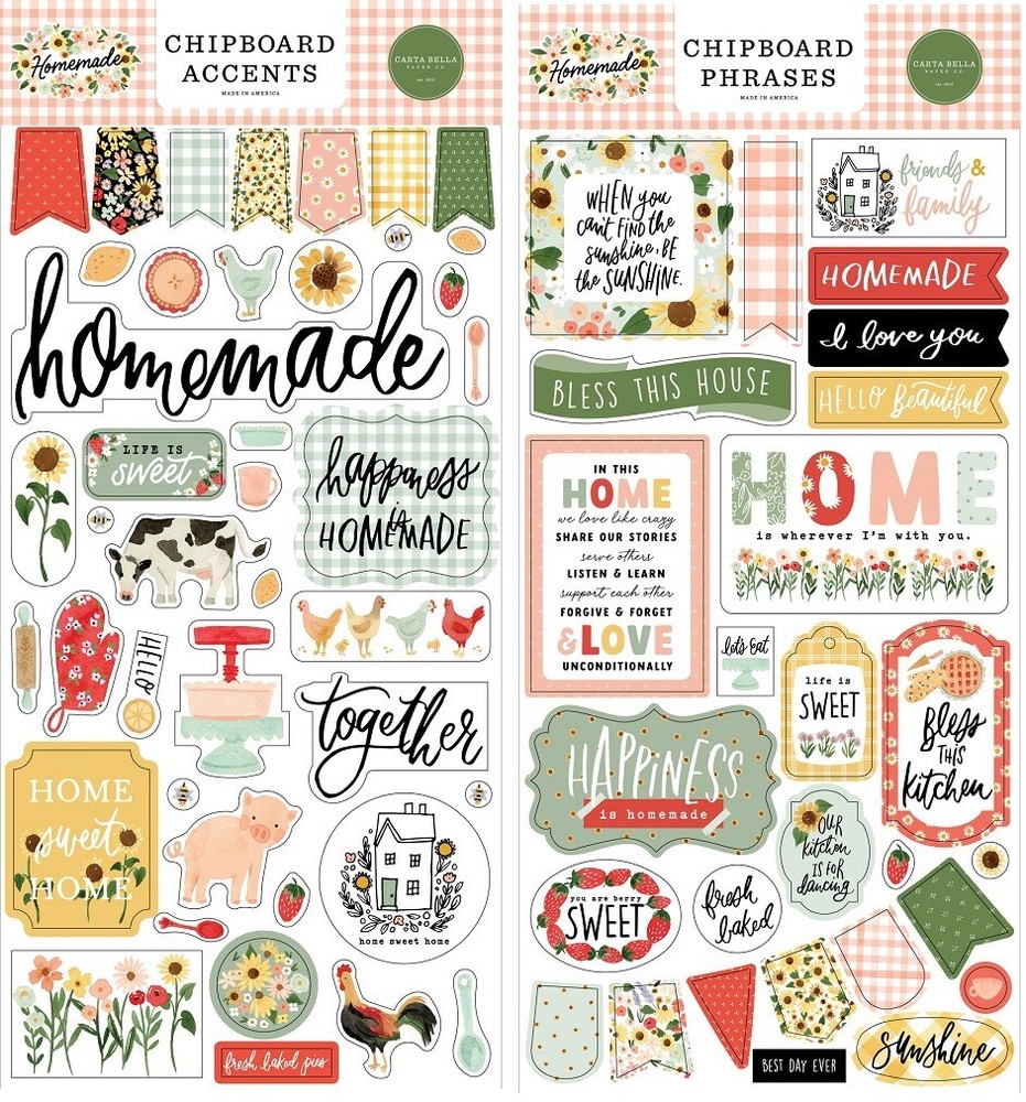 HOMEMADE (2) 6″x13″ Chipboard COMBO Carta Bella Accents + Phrases Scrapbook