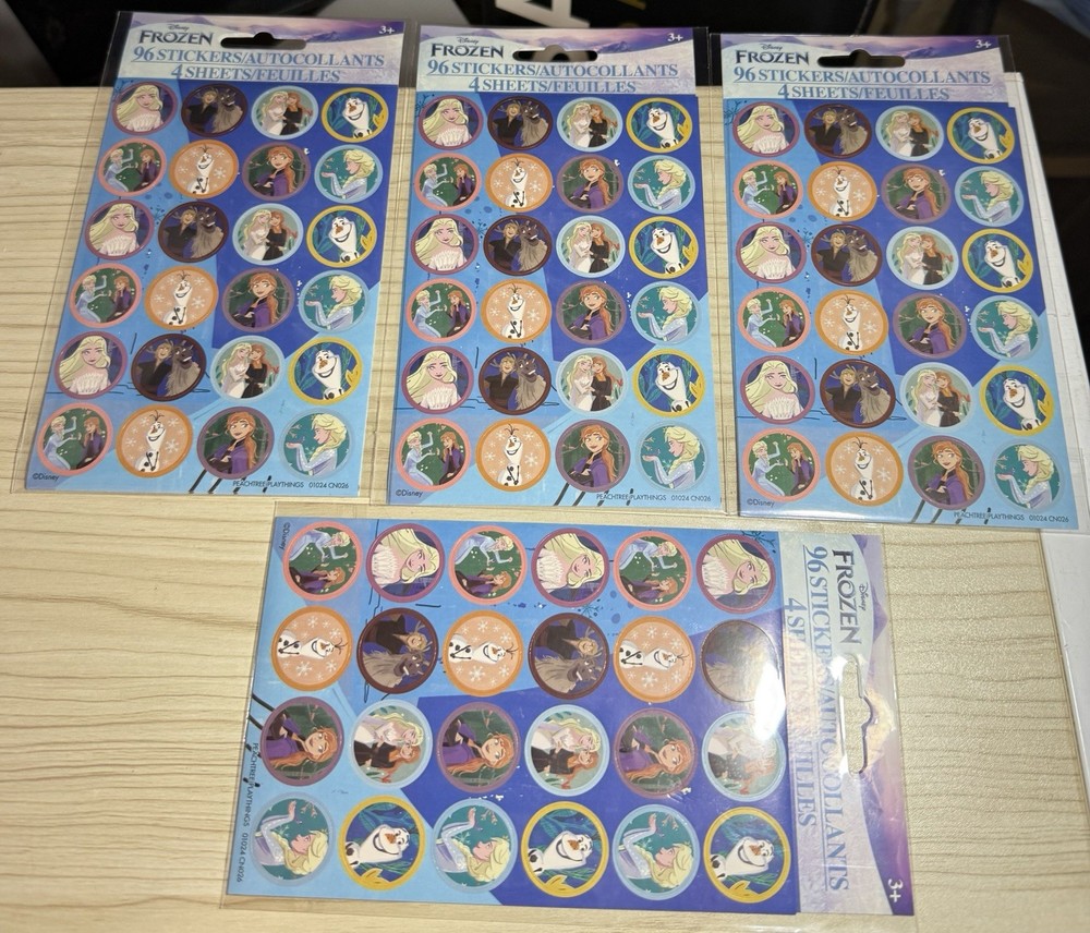 Lot of 4 Frozen Stickers Kids Disney Round Elsa Anna Olaf Kid 16 Sheets 384 ct