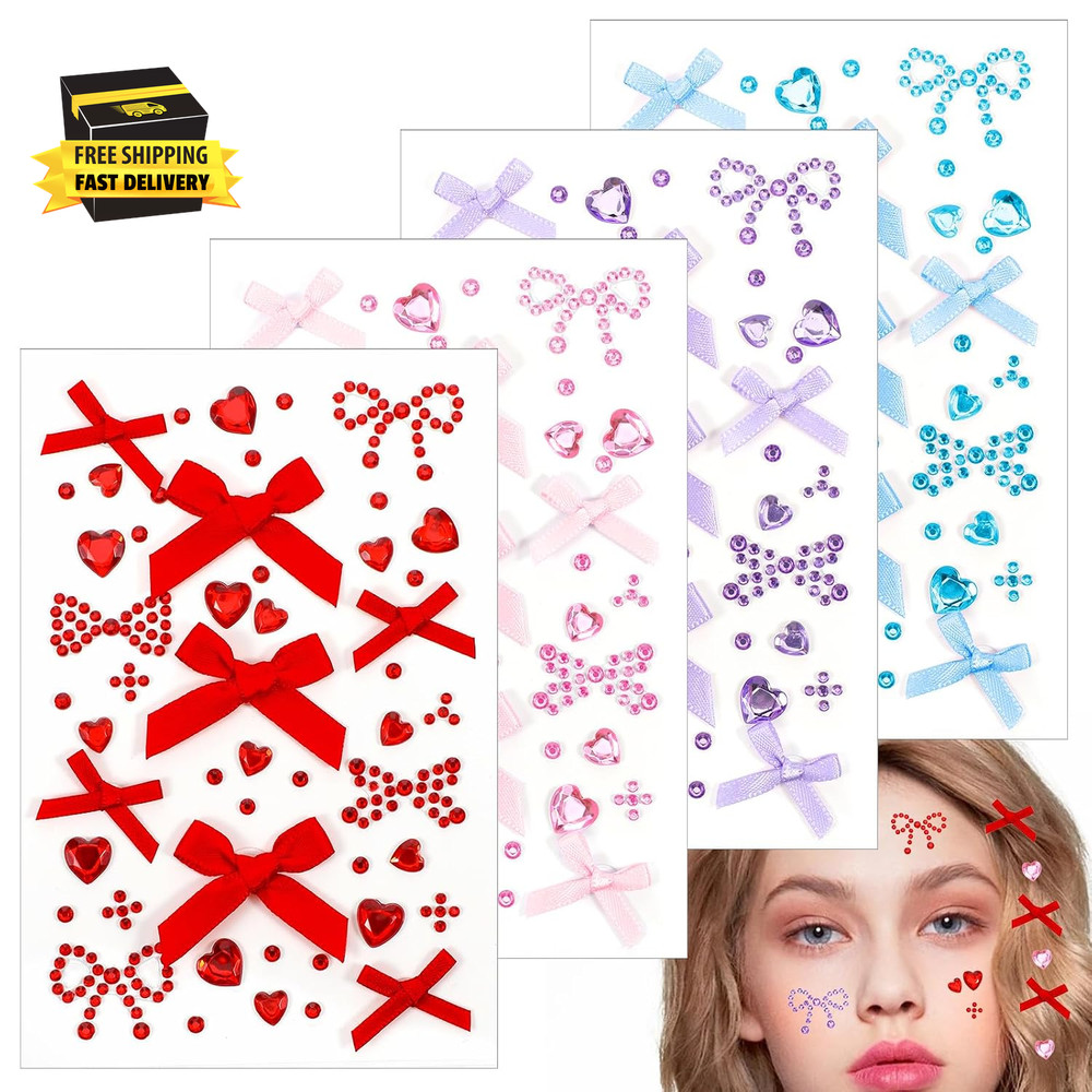 4 Sheets Bow Face Gems Stickers, Heart Rhinestones Hair Jewel, Self Adhesive Cry