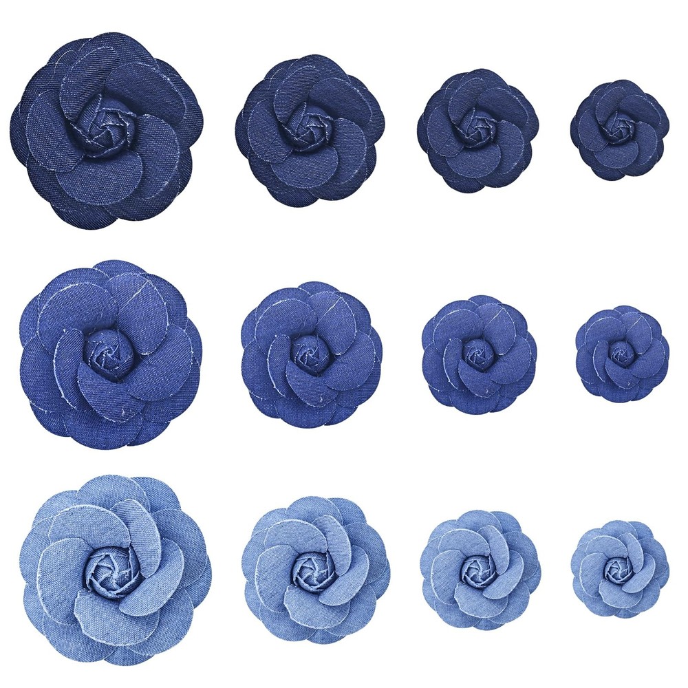 12PCS Fabric Flower Blue Denim Cloth Flowers Ribbon