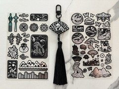 Korean Traditional Keychain + PET Sticker Sheet Set Black White Kawaii Gift