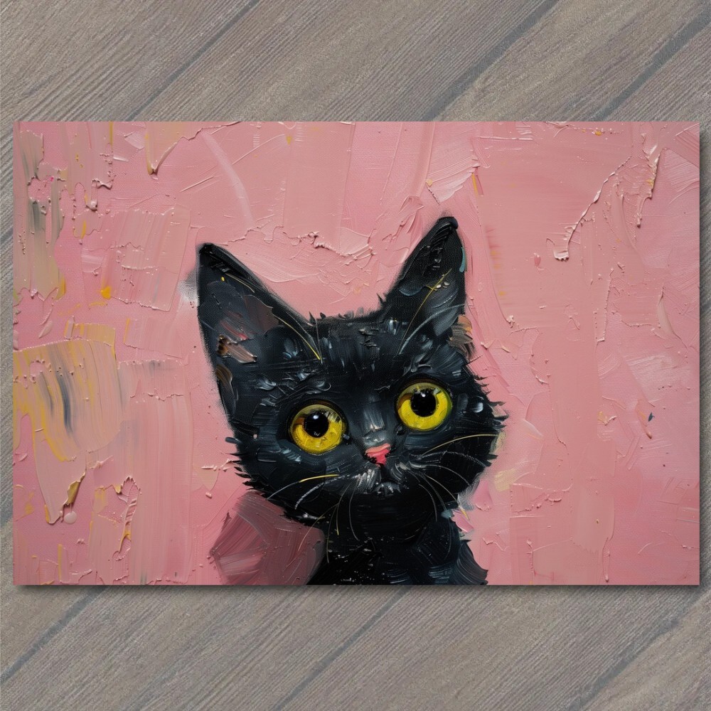 STICKER Black Cat Yellow Eyes Pink Pet Background Painting Cute Fun Feline