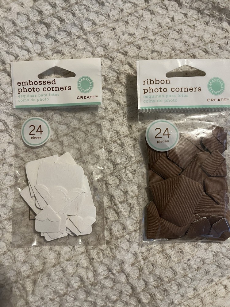 New Martha Stewart Photo Corners Adhesive Brown Ribbon White Embossed Set Of 2