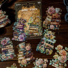 Vintage Rose Clock Window PET Foil Stickers Junk Journal Card Decorative Collage
