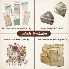 565 Pcs Vintage Scrapbook Paper Kit, Scrapbook Paper Supplies with Flowers Stick