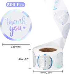 1.0″/1.5″ 500Pcs Round Thank You Stickers Holographic Silver Waterproof Stickers