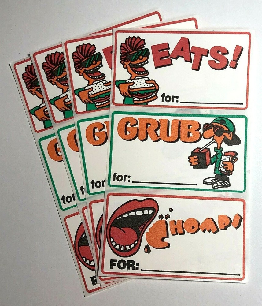 Vintage EATS GRUB CHOMP Book Label Sticker LOT x4 1980s 1990s Comic Graphic COOL