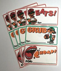 Vintage EATS GRUB CHOMP Book Label Sticker LOT x4 1980s 1990s Comic Graphic COOL