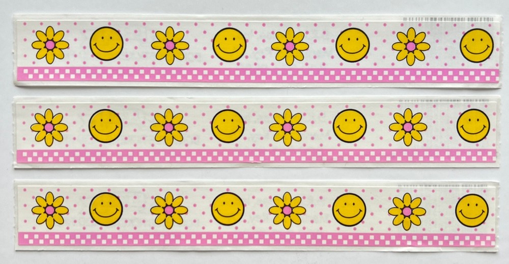 😀🌸Vintage 90s SMILEY Happy FACE STICKER SET Borders Daisy Flower pink yellow🌼