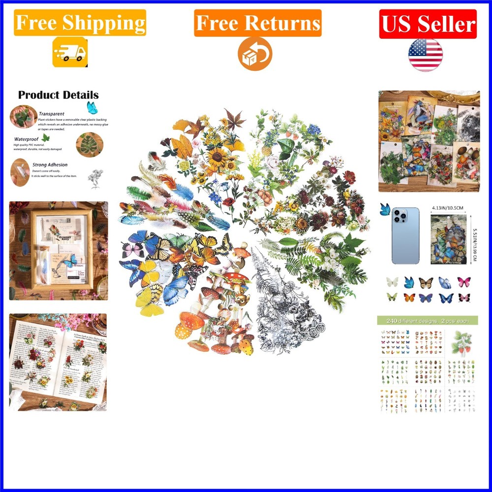 480 Pcs Nature Theme Scrapbook Stickers, Waterproof Flowers & Insects