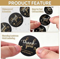 500Pcs Black Thank You Stickers Roll – 4 Gold Foil Font Designs, 1.5 Inch Thank