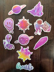 STICKERS x 10 Positive Reminders Purple Theme Space Planet Star Crystals PU5