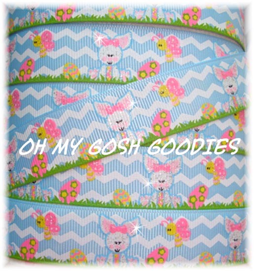 7/8 BLUE CHEVRON GLITTER LITTLE BUNNY FOO FOO GROSGRAIN RIBBON RABBIT EGG 4 BOW