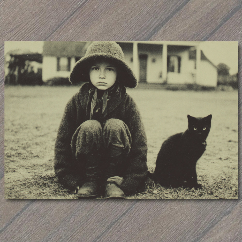 STICKER Grumpy Child Sitting Black Cat Farmhouse Rustic Mood