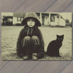 STICKER Grumpy Child Sitting Black Cat Farmhouse Rustic Mood