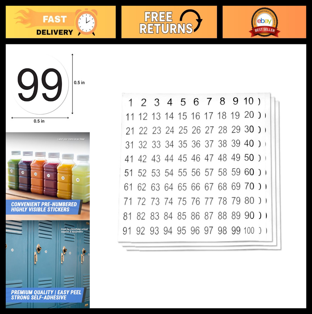 Consecutive Number Stickers 1-100, 0.5″ Round Dot Labels for Classroom, Office,