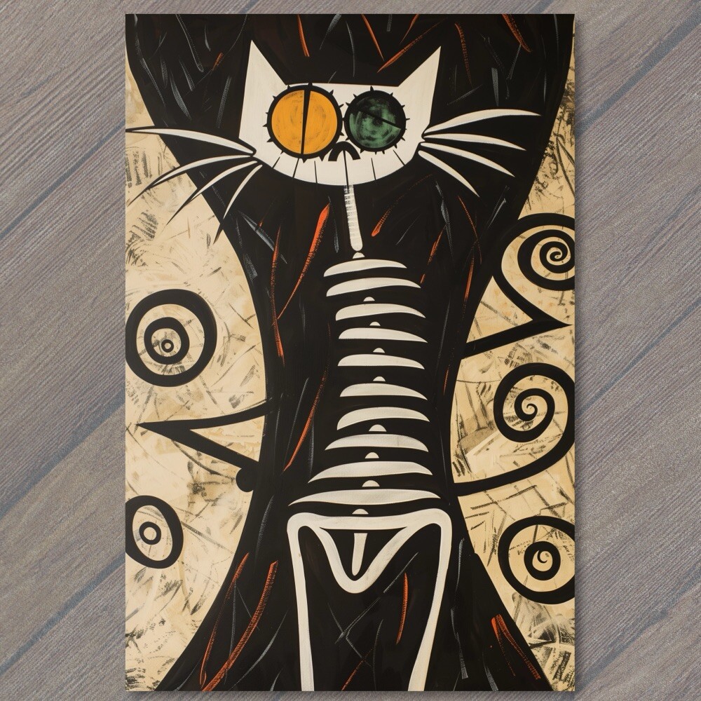STICKER Cat Surreal Skeleton Black Cubist Abstract Art Spiral Eyes Minimalist