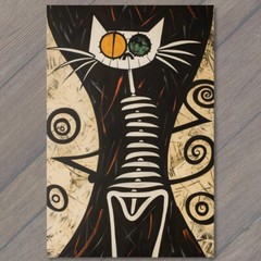 STICKER Cat Surreal Skeleton Black Cubist Abstract Art Spiral Eyes Minimalist