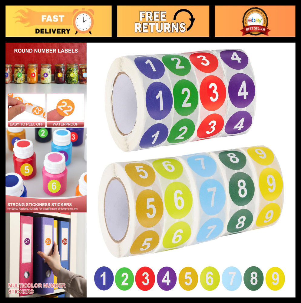 9 Rolls Color-Coded Circle Stickers 1 Inch Self-Adhesive Number Labels 500/roll