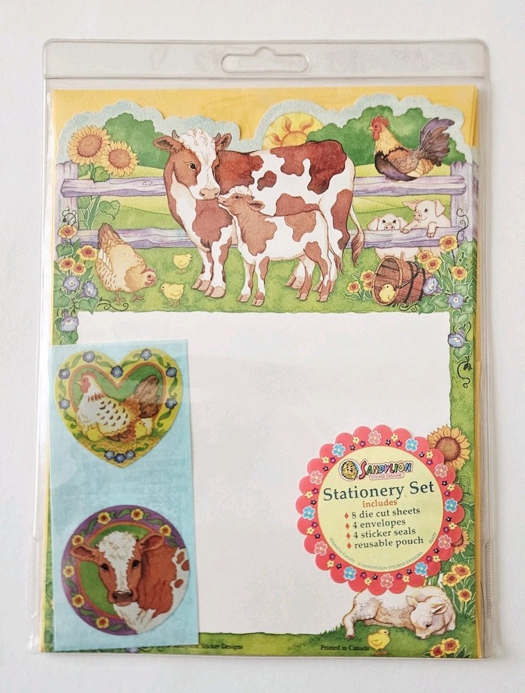 VHTF Vtg Sandylion Stationery Set NIP Farm Animals cows chickens pigs Country