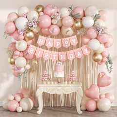 Flower Pink Birthday Decorations with Dusty Light Pink Sand White Metallic Go…