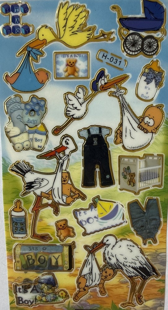 IT’S A LITTLE BOY Gold Foil Stickers(17pc)Stork•Baby •Newborn•Bottle•Card Making